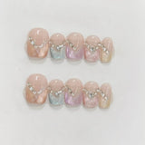 10Pcs Cute Cat Eye Press on Nails Short Square False Nails with Glue Dreamy Butterfly Fake Nails Full Cover Colorful Vortex Nail