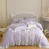 Rose Flowers Embroidery Lace Ruffles Bedding Set Lyocell Cotton Soft Silky Cooling Duvet Cover Flat/Fitted Bed Sheet Pillowcases