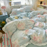 4Pcs Korean Princess Style Floral Ruffles Bedding Set Single Queen Size Soft Skin-friendly Washed Cotton Duvet Cover Pillowcase