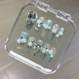 10pcs White Grey False Nail Tips Y2k Style Handmade Press On Nails With Metal Butterfly Flower Diamond Designs Glossy Fake Nails