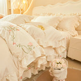 Luxury Winter Thickened Velvet Rose Flowers Embroidery Bedding Set Ruffles Duvet Cover, Quilted Bedspread, Bed Skirt, Pillowcase