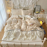 Korean French lazy style puff flower edge quilt cover four-piece set princess style dormitory three-piece set