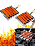 Hot Dog Roller Rack, Stainless Steel Outdoors BBQ Sausage Grill Pan With Long Wood Handle,New Barbecue Tools