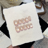 10pcs Cute Pink Handmade False Nails Glitter French Press on Nails with Flower Pattern Short Coffin Full Cover Wearable Manicure