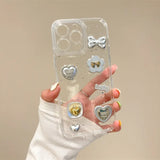 Cute 3D Love Heart Y2K Bow Spicy Girl Phone Case For iPhone 15 14 13 16 11 12 Pro Max Epoxy Transparent Soft Shockproof Cover
