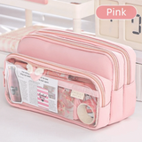 Color-Block Pen Bag Multi-Compartment Transparent Pocket Pencil Case Large Capacity with Zipper Multi-layer Pen Pouch