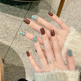 10Pcs Short Ballet Full Cover Nail Tips Blue Grid Pattern Design Handmade Fake Nails Wearable Simple Square Press on False Nails