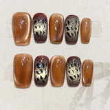 10Pcs Amber Autumn Handmade Press on Nails Full Cover Leopard Print Cat Eye Heart French Ballerina Fake Nails Wearable Manicure