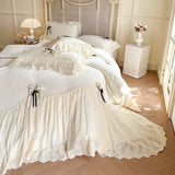 4Pcs Romantic Lace Ruffles Removable Bow Princess Wedding Bedding Sets Warm Milk Velvet Duvet Cover Bed Sheet Set Pillowcases