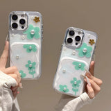 Cartoon pearl flower mirror stand holder back cover for iphone 15 14 13 pro max 16 promax cartoon 3D phone case