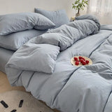 INS Korean Style Fresh Blue Duvet Cover Washed Cotton Bed Sheet Bed Skirt Four-Piece Set Dormitory Simple Solid Color