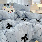 Ins Style Girl Blue 1.5m/1.8m Fitted Sheet Bow Towel Bedding Set Embroidery Washed Cotton Four-piece Set Bed Sheet Three-piece