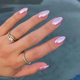 24Pcs Nude Pink Nail Tips Short Round Head False Nails with Design Wearable Finished Fake Nails Full Cover Press on Nails