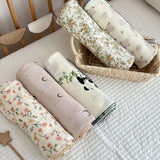 Baby Muslin Blanket 110X130cm Swaddle Blanket Gauze Thin Quilt Floral Print Double Layer Cotton Stroller Cover Kids Bedding
