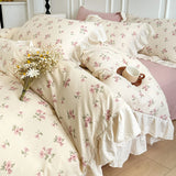 3/4Pcs Vintage French Floral Ruffles Knitted Cotton Double Yarn Soft Skin-friendly Bedding Set Duvet Cover Bed Sheet Pillowcases
