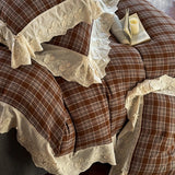 Vintage Plaid Flowers Lace Ruffles Bedding Set 100% Cotton Double Layer Yarn Duvet Cover Flat/Fitted Bed Sheet Pillowcases 4Pcs