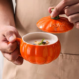 Ceramic Halloween Cartoon Pumpkin Mug Under-glaze Painting Anti-scalding Handle Breakfast Oatmeal Cup Orange with Spoon and Lid