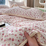 INS Girls Cherry Soft Bedding Set Washed Cotton Bed Sheet Queen King Size Duvet Set Flower Comforter Set Pillowcase Bed Linens