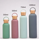 350ML Small Mouth THERMOS CUP Portable Handle Bamboo Wood Cover Vacuum Double Stainless Steel Simple Outdoor MINI WATER BOTTLE