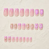 Square Press on Nails Full Cover Carved Flower 3D Nails Press on 3D Ripples French Fake Nails with Golden Pearl False Nails 24Pc