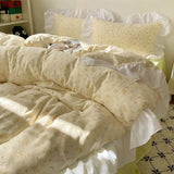 Gentle Floral Print Bedskirt Bedding Sets Skin Friendly Comfortable Duvet Cover Set with Lace Romantic Bedclothes for Girls