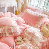 4Pcs Korean Princess Style Winter Thick Warm Milk Velvet Bedding Set Three-layer Lace Ruffles Duver Cover Bed Skirt Pillowcases
