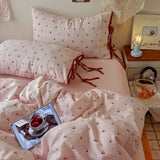Ins Cherry Bedding Set Bow Tie Closure Duvet Cover Set Soft Flat Sheet Single Double Bed Sheet Set For Girls Bedroom