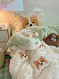 Ikeehome  Warm Milk Velvet Coral Fce Skin-friendly Dog Bedding Set for Students Tee-piece Set Bedding eets Cute Cartoon Design