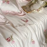 Rose Flowers Embroidery Bedding Set 800TC Lyocell Cotton Soft Silky Cool Feeling Duvet Cover Flat/Fitted Bed Sheet Pillowcases