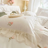Rose Embroidery Lace Ruffles Princess Wedding Bedding Set 100% Cotton Duvet Cover Lace Edge Bed Sheet Bed Skirt Pillowcases 4Pcs