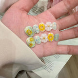 10pcs Summer Fruits Press on Nails Cat Eye False Nails Short Square Handmade Fake Nail Polka Dots Nails Strawberry Flower Nail