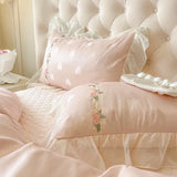 4Pcs Pure Cotton French Flowers Lace Ruffles Princess Wedding Bedding Set Duvet Cover Quilted Bedspread Bed Skirt Pillowcases