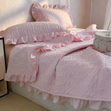 Princess Style Pink Quilted Ruffles Quilt Blanket Bedspread Washed Solid Color Korean Princess Style Summer Thin Quilt 3Pc
