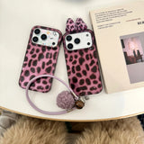 Cute 3D Leopard Bow Case with Hairball Bell Pendant Leather Chain for iPhone 17 16 15 14 Pro Max Shockproof Protective Cover