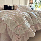 Pink Floral Double Layer Lace Ruffles 100% Cotton Bedding Set Duvet Cover Set Bed Sheet/Bed Skirt/Fitted Sheet Pillowcases 4Pcs