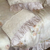 4Pcs Lyocell Soft Silky Cooling Vintage Lace Ruffles Floral Prints Bedding Set Duvet Cover Bed Sheet/Fitted Sheet Pillowcases