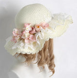 Mori Girl Flower Lace Ribbon Lolita Straw Hat Elegant Princess Lolita Flat Cap Sun Beach Cap
