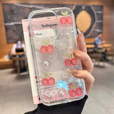 INS Cute Glitter 3D Cherry Bow Clear Phone Case For iPhone 16 15 14 13 12 11 Pro Max Pearl Shockproof Phone Case Cover
