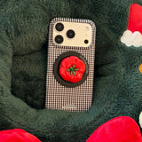 Creative Magnetic Black White Lattice Pattern Phone Case with Tomato Bracket for iPhone 17 16 15 Pro Max Shockproof Back Cover