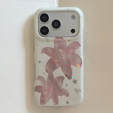Trendy Shimmer Pink Lily Star Glitter Floral Print  Coquette Style Phone Case for iPhone 17 16 15 14 13 Pro Max Back Cover Capa
