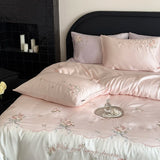 600TC Lyocell Bamboo Fiber Soft Silky Bedding Set Pink Flowers Embroidery Duvet Cover Flat/Fitted Bed Sheet Pillowcases 3/4Pcs