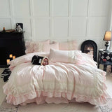 Pink Luxury Princess Wedding Lace Ruffles 100% Cotton Bedding Set Duvet Cover Bed Sheet/Bed Skirt/Fitted Sheet Pillowcases 4Pcs