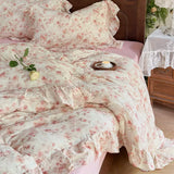 Vintage Oil Painting Style Flowers Ruffles Bedding Set Double Layer Yarn 100% Cotton Duvet Cover Flat/Fitted Sheet Pillowcases