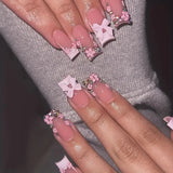 24Pcs White Fake Nails Press on Nails French Pink Bow Design Gentle Flower Acrylic False Nail with Jelly Glue Wearable Manicure