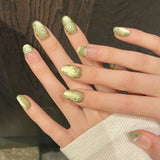 10pcs Cat's Eye Handmade False Nails Pearls French Tip Press On Nails Short Long Almond Charming Flash Green Flowers Fake Nails