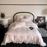 1000TC Egyptian Cotton Flower Embroidery Lace Ruffles Pink Bedding Set Duvet Cover Set Flat/Fitted Bed Sheet Pillowcases 4Pcs
