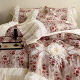Vintage Rose Flowers Prints Lace Ruffles Lyocell Soft Silky Bedding Set Duvet Cover Bed Sheet/Fitted Sheet/Bed Skirt Pillowcases
