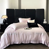 Pink Flowers Embroidery Bedding Set Lyocell Bamboo Fiber Soft Silky Cool Feeling Duvet Cover Flat/Fitted Bed Sheet Pillowcases