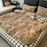 Ikeehome  Adorable  Knot Milk Velvet Four Piece Bedding Set Warm Coral Fce Bed eet Cover Duvet Cover Cute Winter Bed Linens