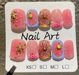 10pcs Beach Vacation False Nails Short Square 3D Pink Yellow Flowers Nail Starfish Pearl Shell Fake Nails Sweet Press on Nails